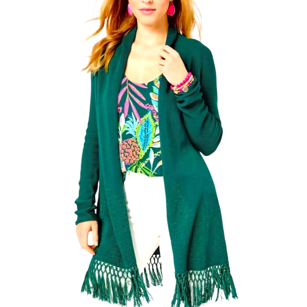 Lilly Pulitzer Tatum Fringe Cardigan In Hosta Green Size Large
